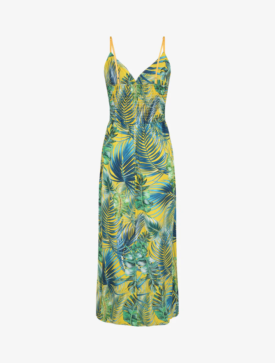 Lange jurk met een hartvormige halslijn met tropische bloemenprint - Geel - Image 2
