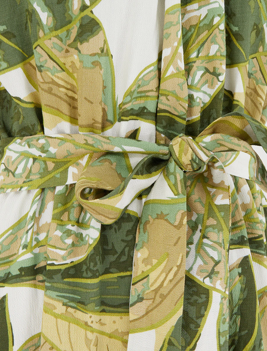 Lange jurk met elastiek en bladerprint - Kaki - Image 3