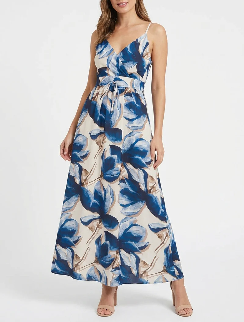 Lange jurk met elastische achterkant en bloemenprint - Marine - Image 4