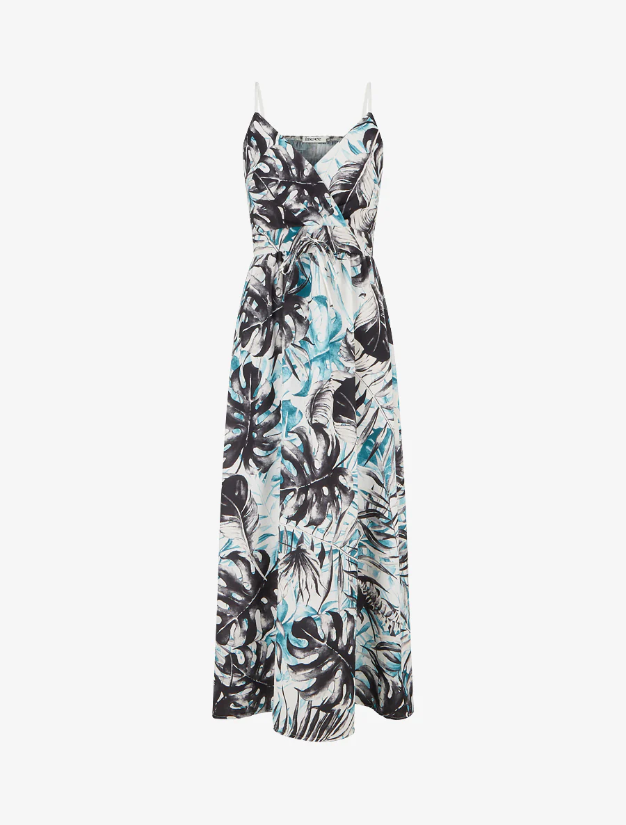 Lange jurk met elastische rug en bladdruk. - Zwart