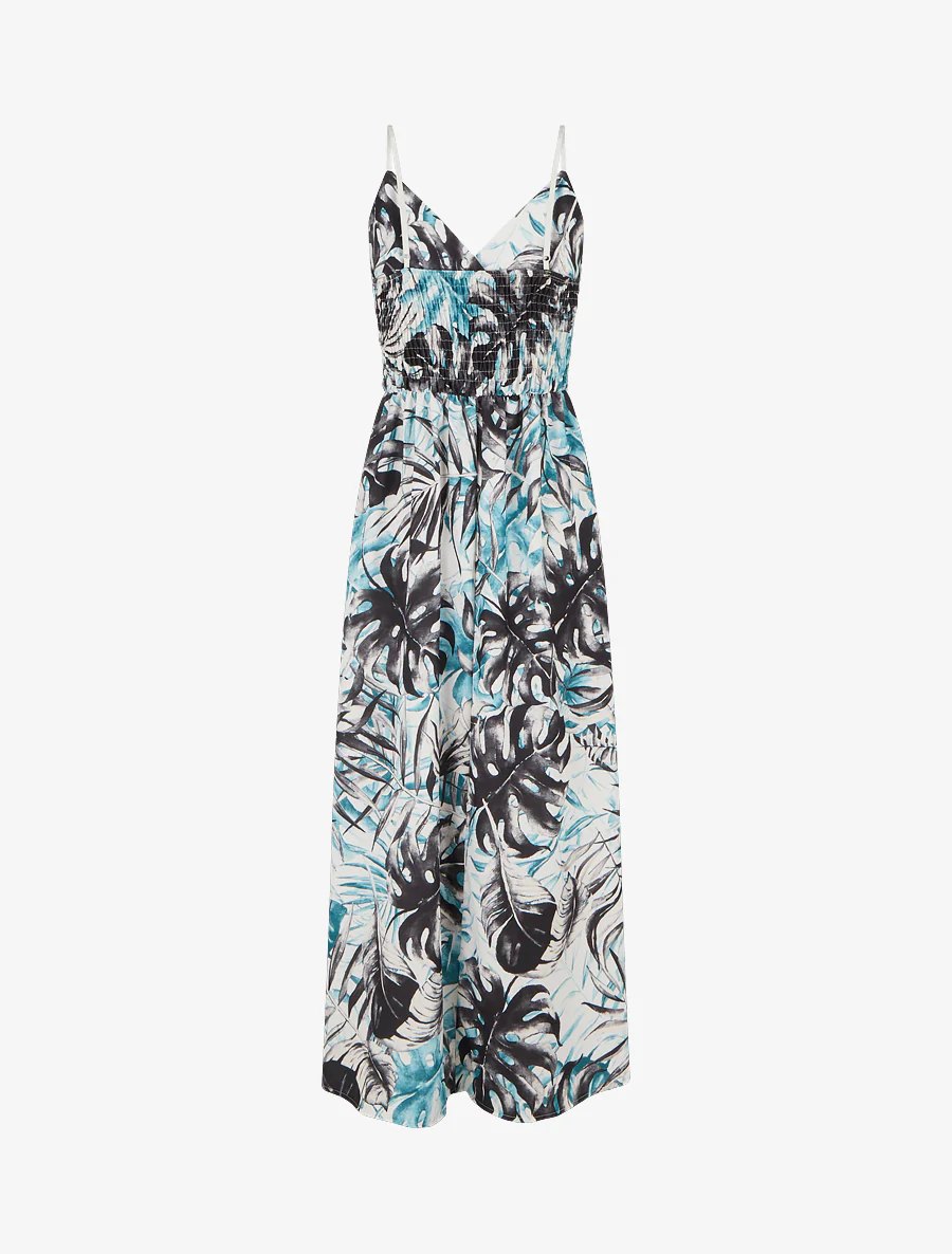 Lange jurk met elastische rug en bladdruk. - Zwart - Image 2