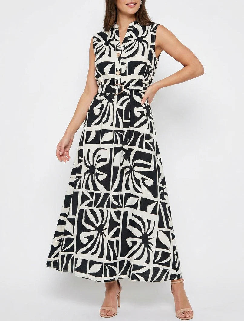 Lange jurk met gestileerde print en decoratieve knopen - Zwart - Image 4