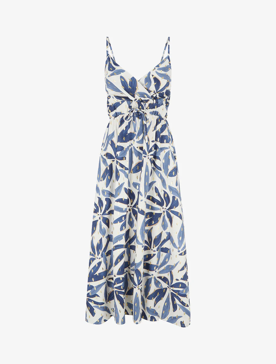 Lange jurk met gestileerde print en iriserend detail. - Blauw
