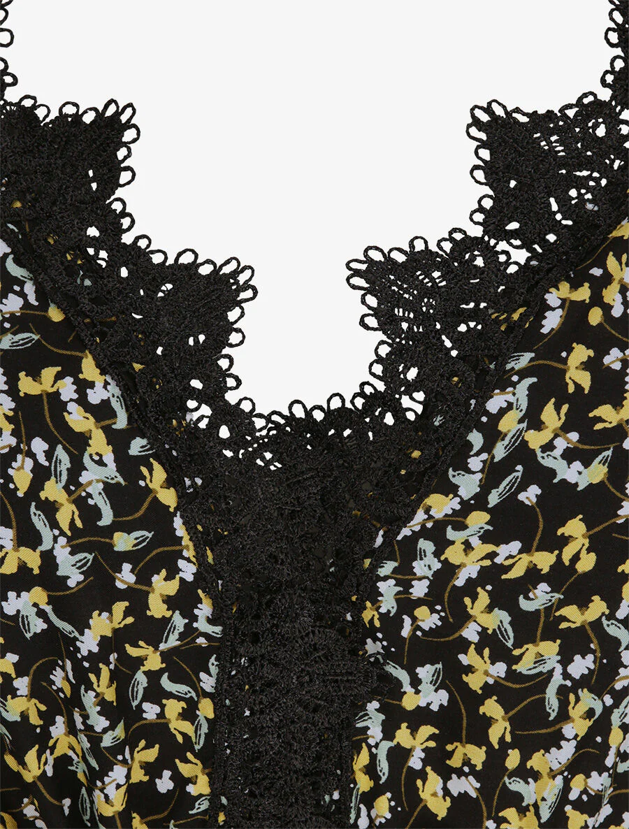 Lange jurk met grafische bloemen en fijne borduursels - Zwart - Image 3