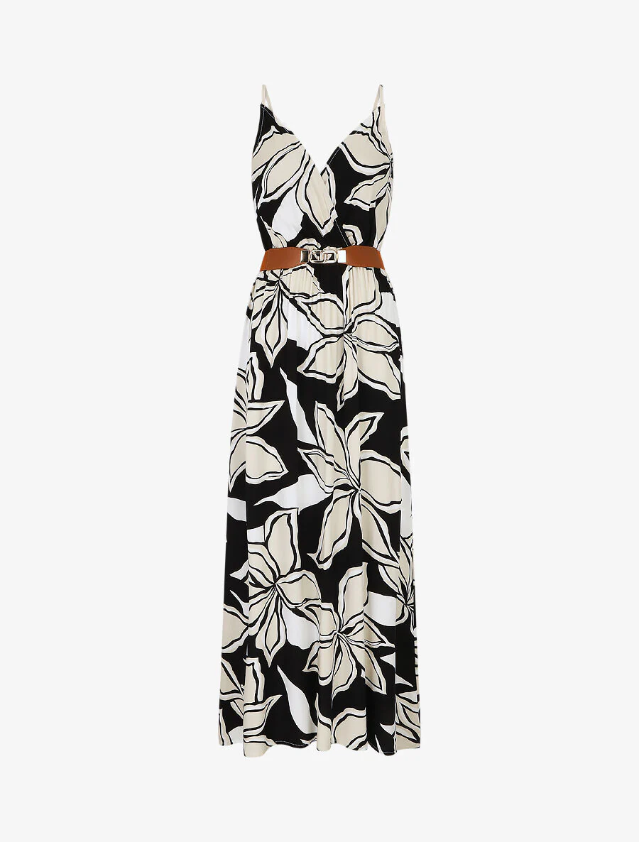 Lange jurk met grote bloemenprint - Zwart