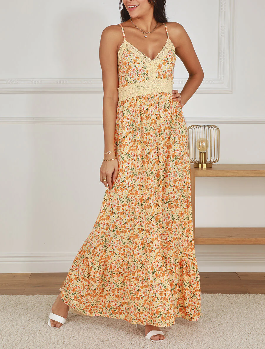Lange jurk met kanten kraag en bloemenprint - Beige - Image 4