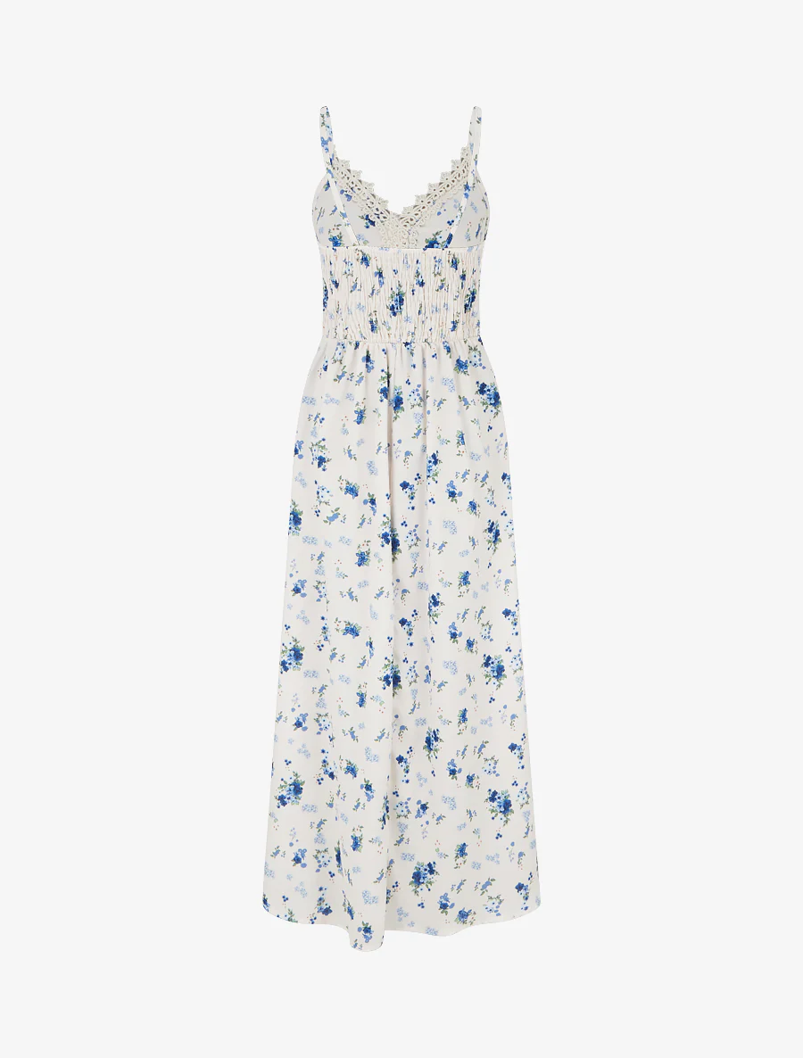 Lange jurk met kleine bloemenprint en haakdetails. - Blauw - Image 2