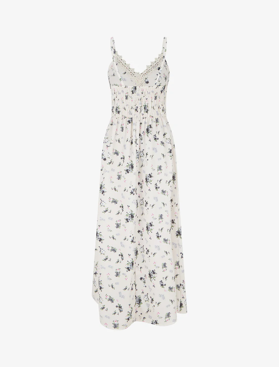 Lange jurk met kleine bloemenprint en haakdetails. - Zwart - Image 2