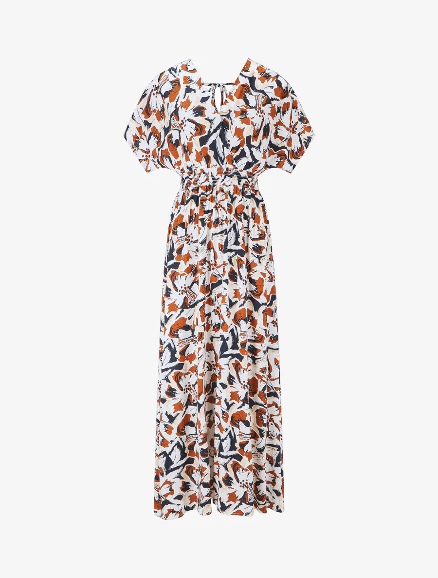Lange jurk met korte mouwen en tropische print - Marineblauw