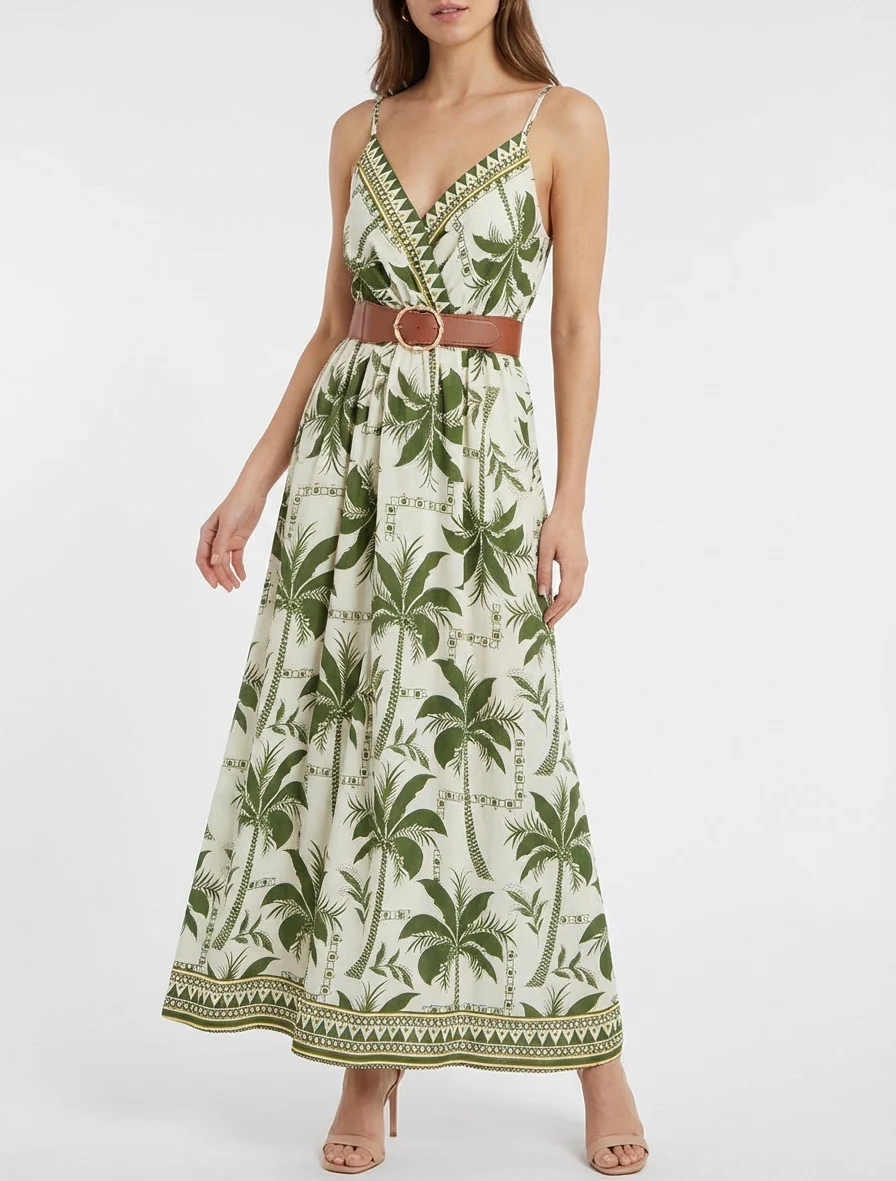 Lange jurk met palmprint - Kaki - Image 4