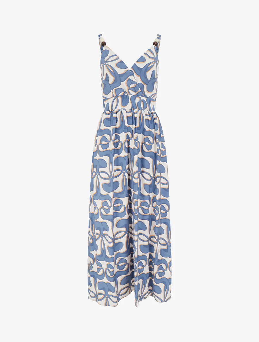 Lange jurk met parels en grafische print. - Blauw