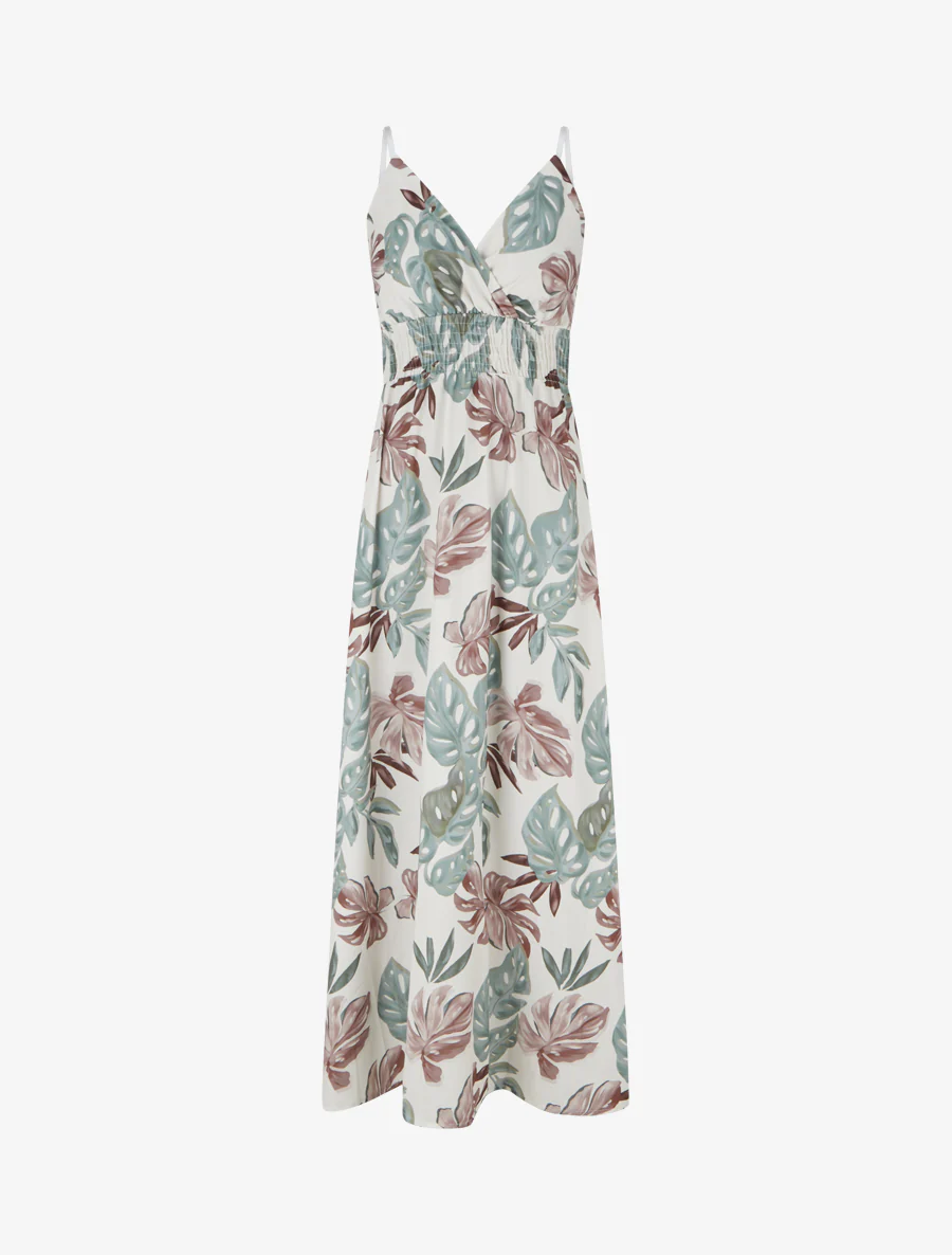 Lange jurk met smalle bandjes en tropische print - Kaki
