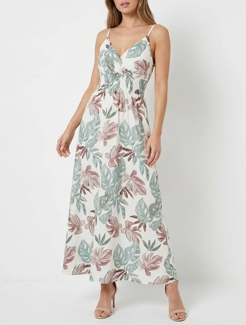 Lange jurk met smalle bandjes en tropische print - Kaki - Image 4