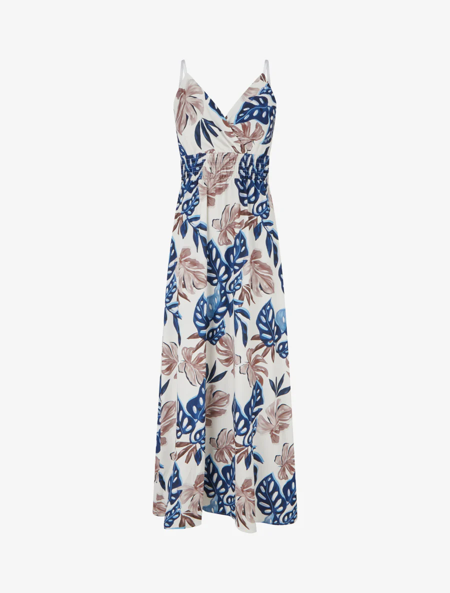 Lange jurk met smalle bandjes en tropische print - Marine