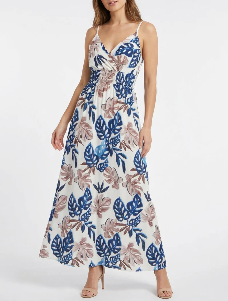 Lange jurk met smalle bandjes en tropische print - Marine - Image 4