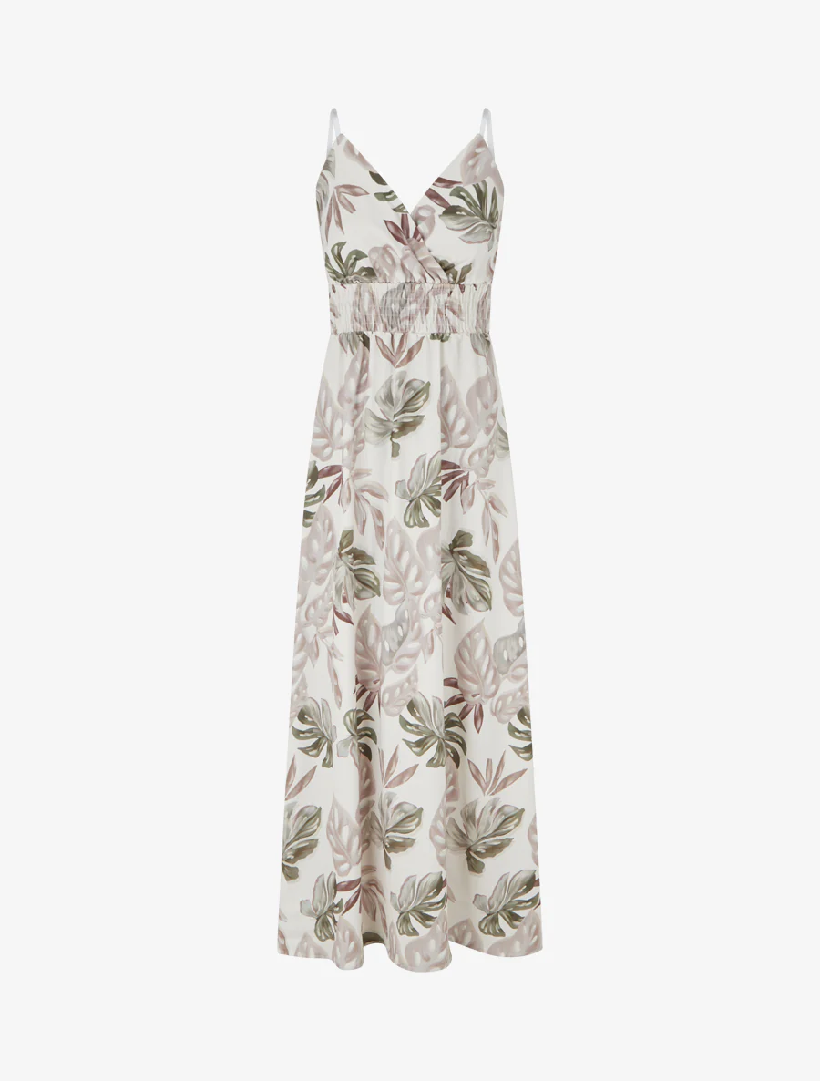 Lange jurk met smalle bandjes en tropische print - Beige