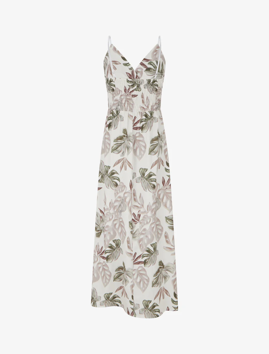Lange jurk met smalle bandjes en tropische print - Beige - Image 2