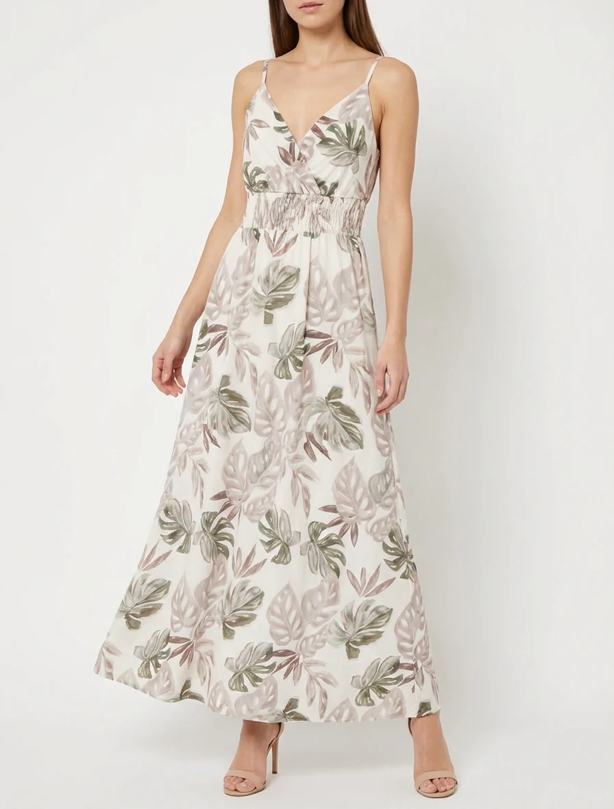 Lange jurk met smalle bandjes en tropische print - Beige - Image 4