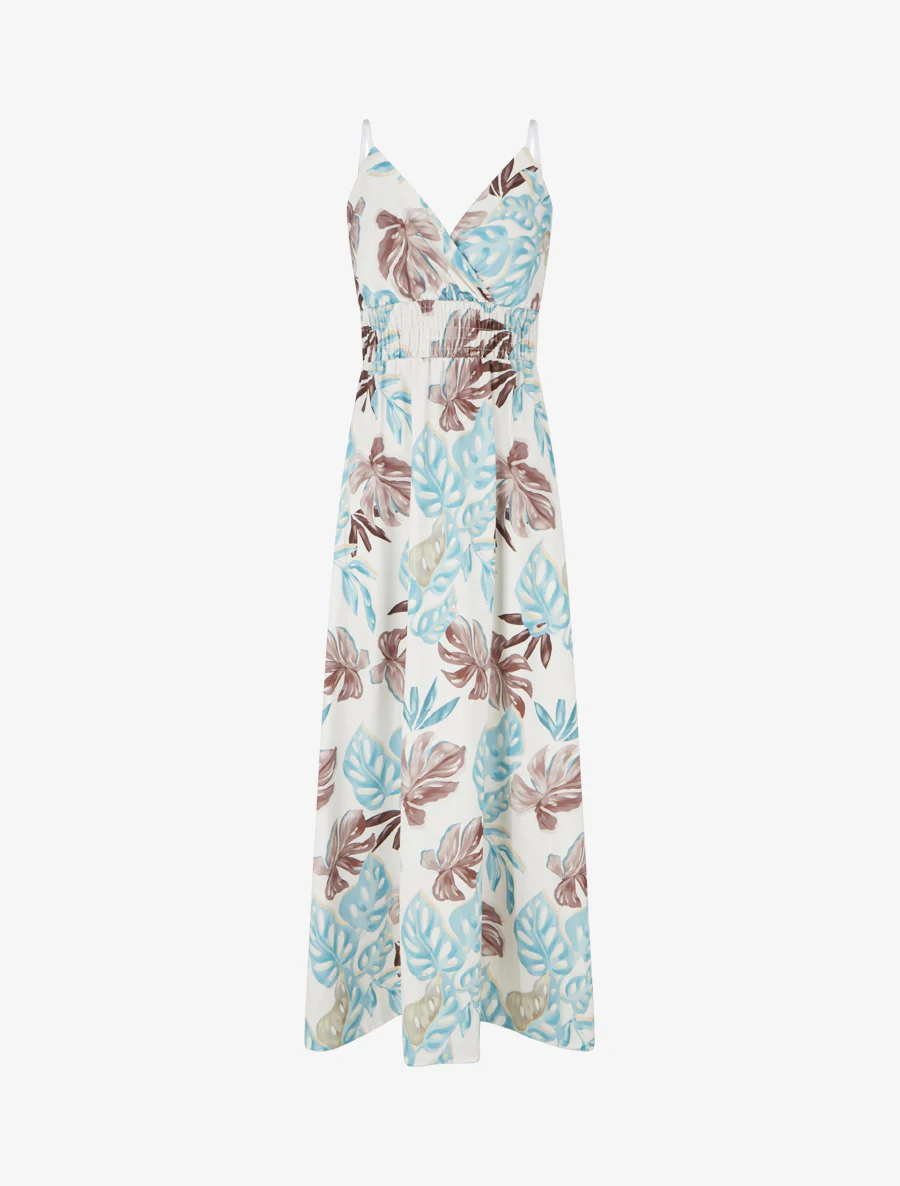 Lange jurk met smalle bandjes en tropische print - Lichtblauw