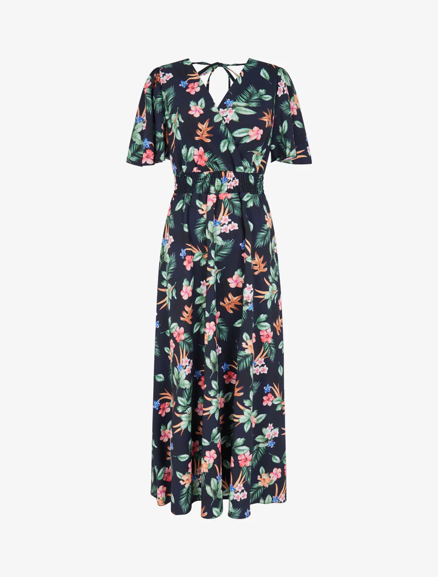 Lange jurk met tiarebloemenprint en vlindermouwen - Nachtblauw