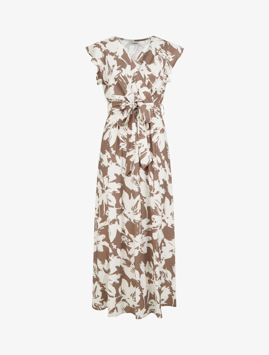 Lange jurk met tropische bloemenprint en korte mouwen - Bruin