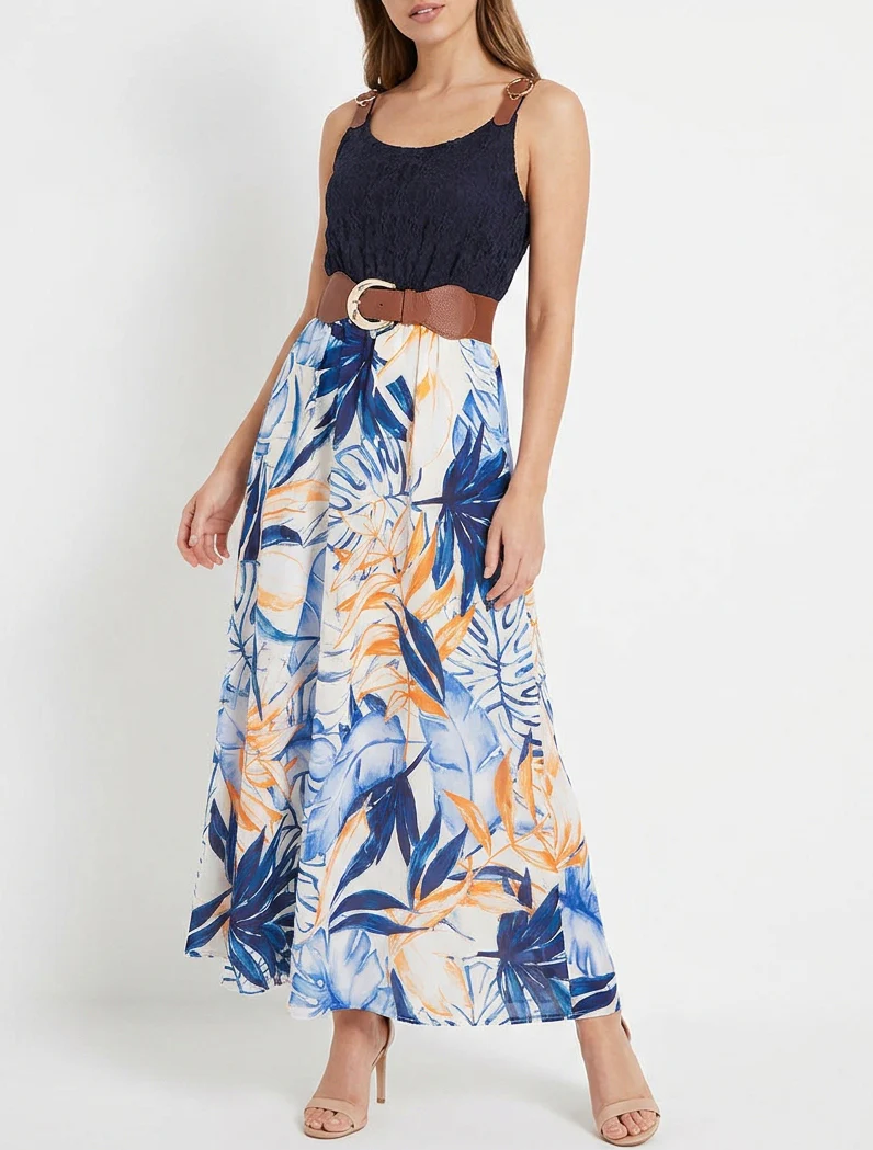 Lange jurk met tropische print en imitatiebandjes - Marine - Image 4