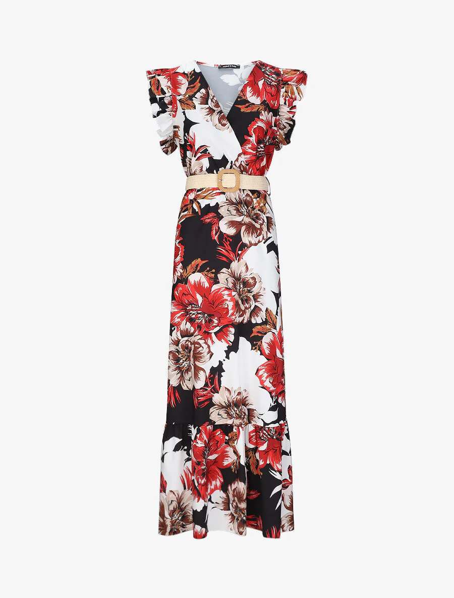 Lange jurk met tropische print en volantmouwen - Zwart