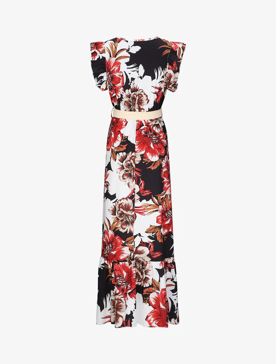 Lange jurk met tropische print en volantmouwen - Zwart - Image 2