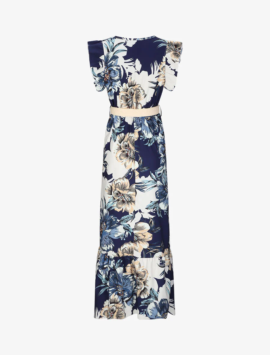Lange jurk met tropische print en volantmouwen - Marineblauw - Image 2