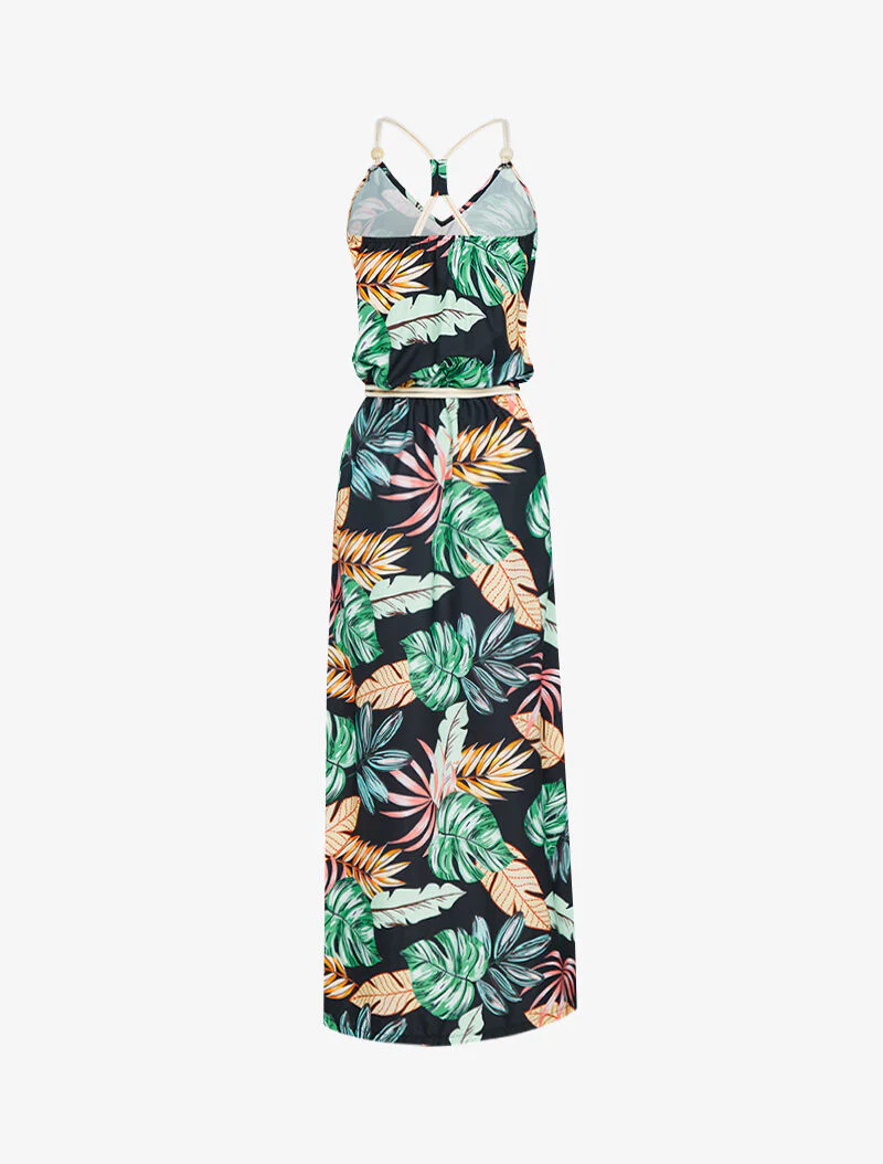 Lange jurk met tropische print - zwart - Image 2