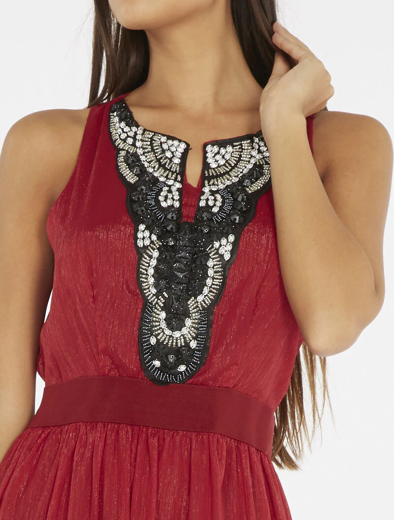 Lange jurk met sieraden borststuk - bordeaux - Image 6