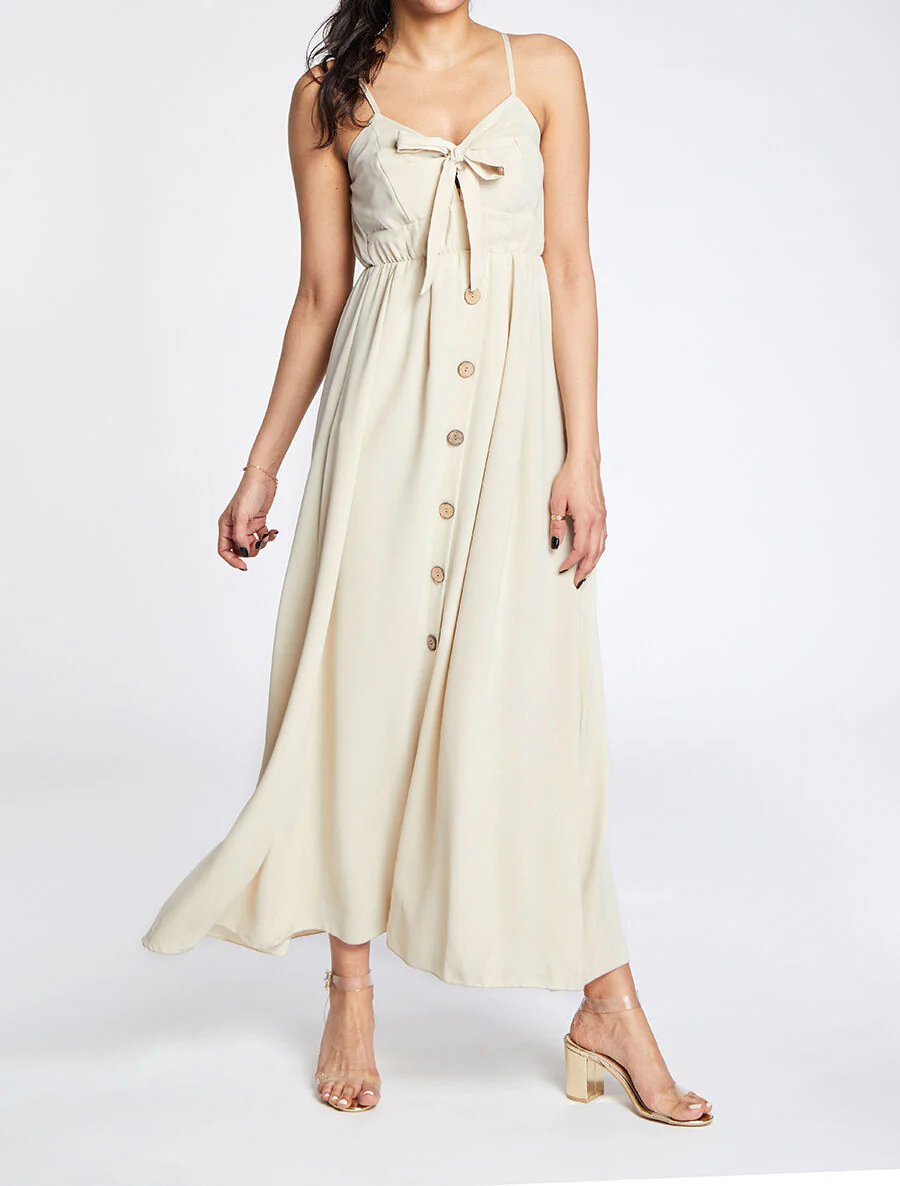 Lange knopstijl jurk - Beige - Image 4
