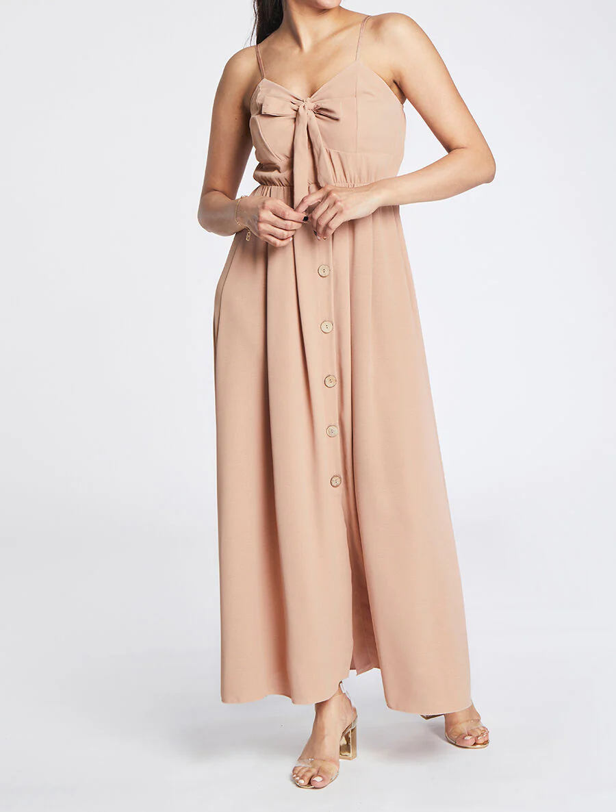 Lange knopstijl jurk - Camel - Image 4