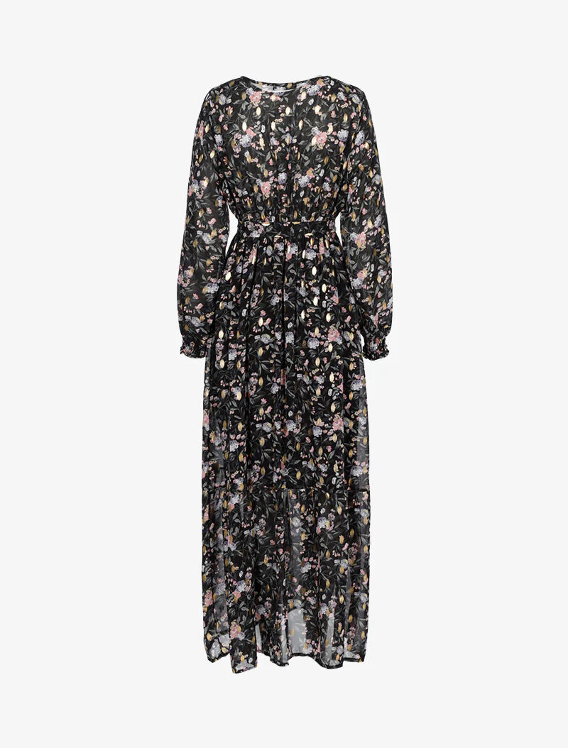 Lange lichte jurk met bloemenprint en flocking met basque - zwart - Image 2