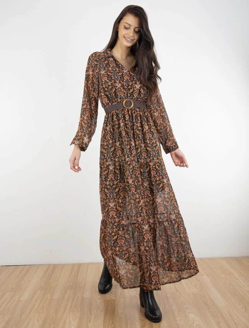 Lange lichte jurk met barokprint en peplum - zwart