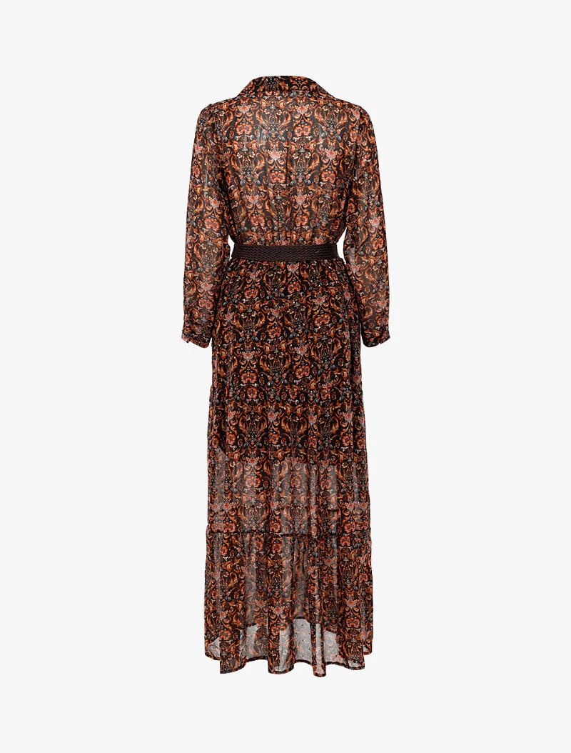 Lange lichte jurk met barokprint en peplum - zwart - Image 3