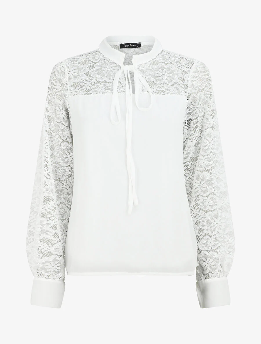 Lange mouwen blouse met kanten gaatjes - Wit