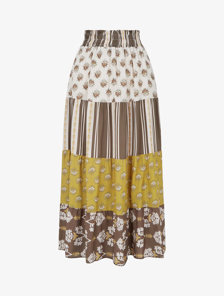 Lange patchwork rok met een uitlopende snit - Bruin