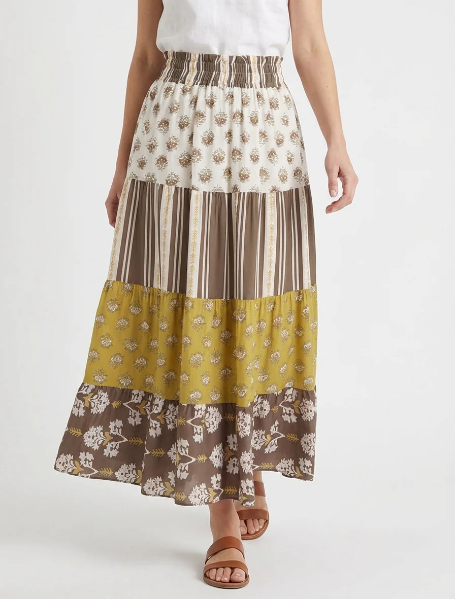 Lange patchwork rok met een uitlopende snit - Bruin - Image 4
