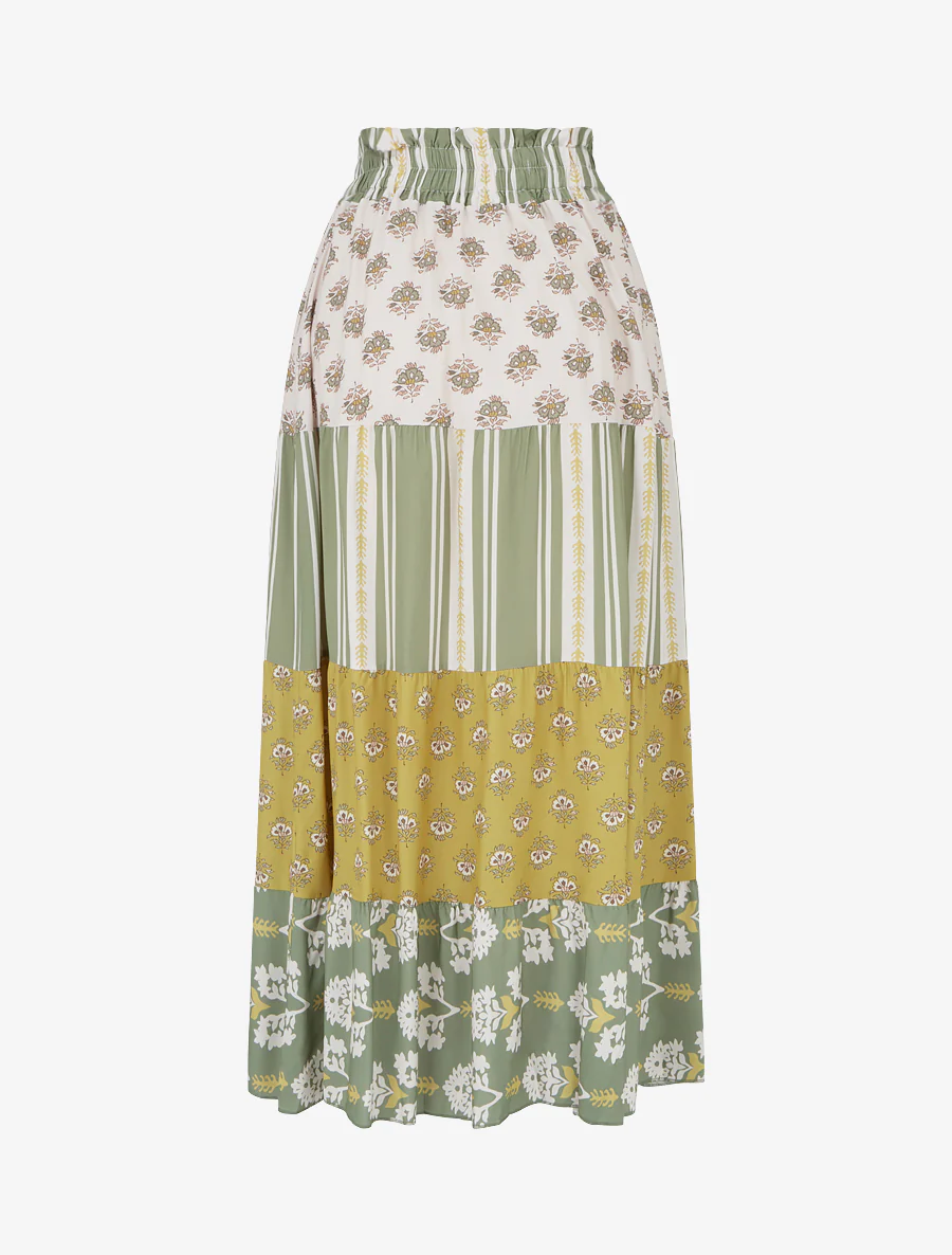 Lange patchwork rok met een uitlopende snit - Olijfgroen - Image 2