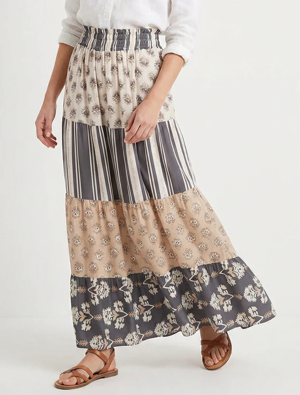 Lange patchwork rok met een uitlopende snit - Donkergrijs - Image 4