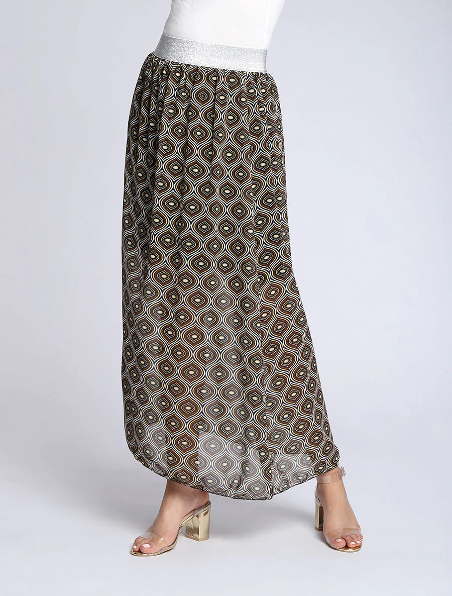 Lange psychédélische geprinte voile rok met contrasterende riem - Zwart - Image 4