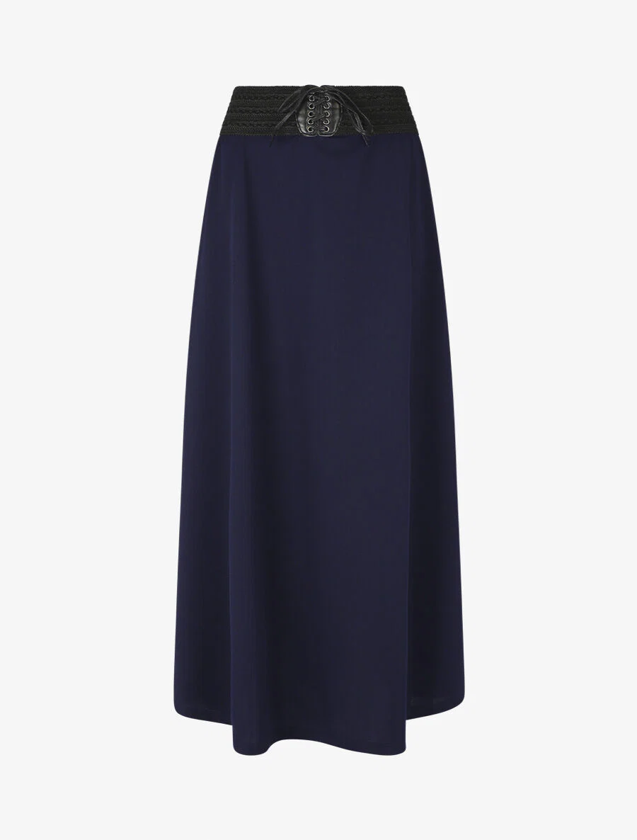 Lange rechte effen rok met elastische taille - Marineblauw
