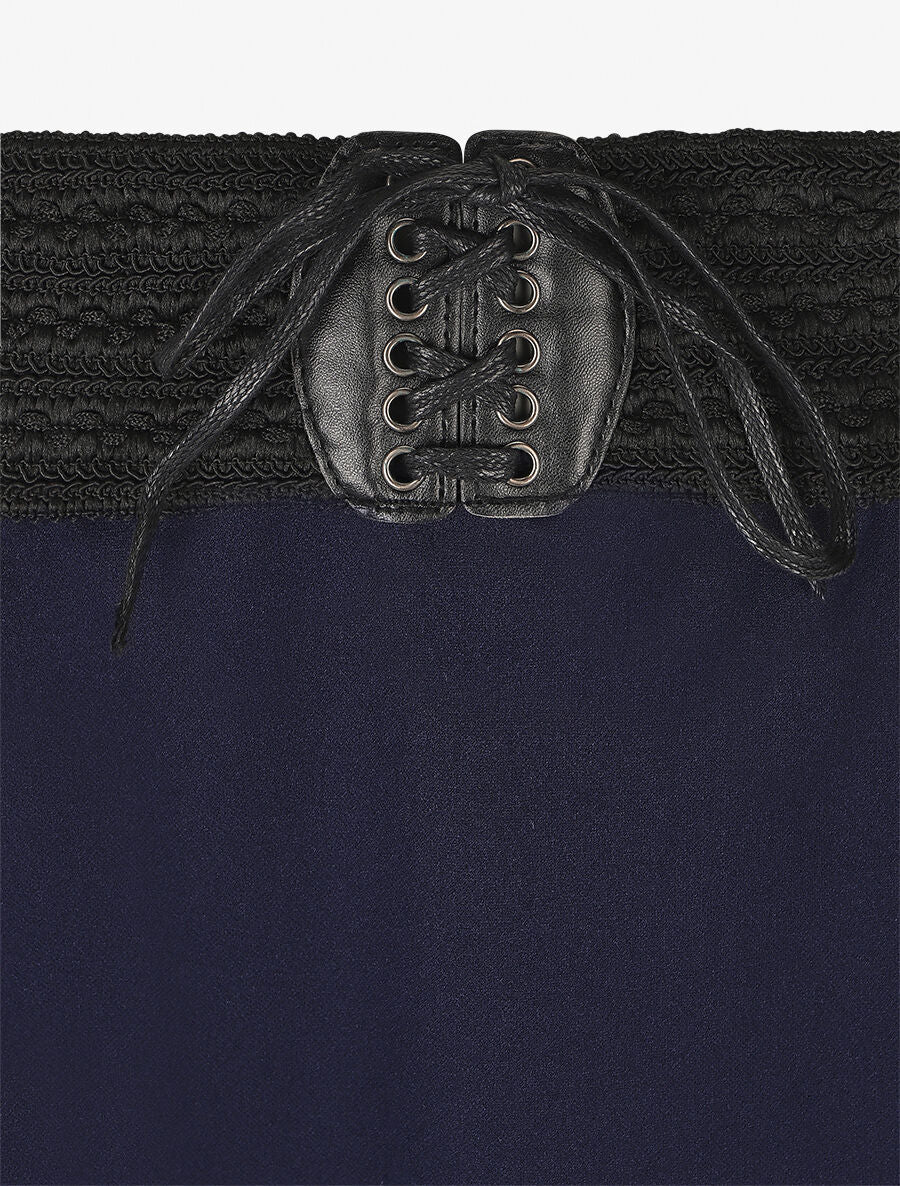 Lange rechte effen rok met elastische taille - Marineblauw - Image 3