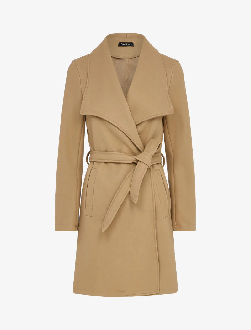 Lange rechte jas met riem - Camel