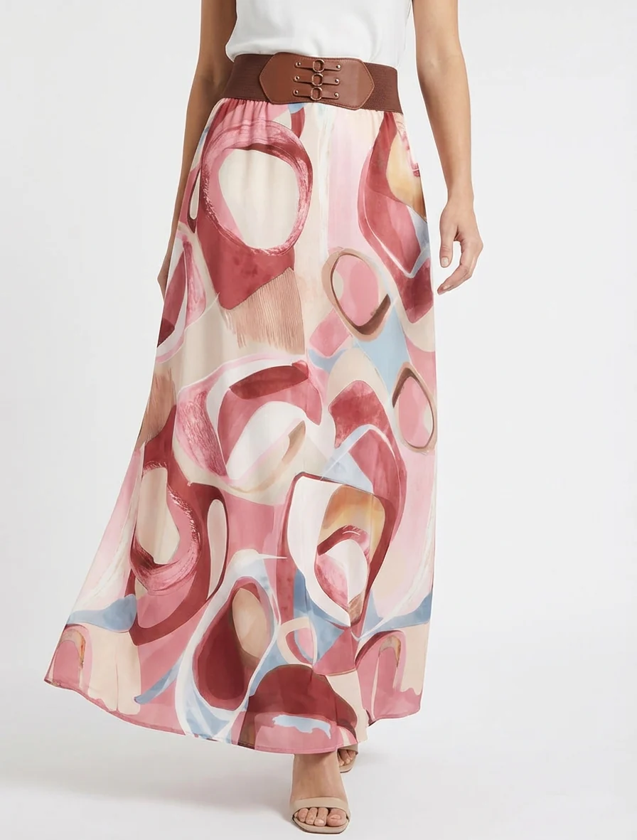 Lange rok met abstracte print en fantasietaille. - Roos - Image 4