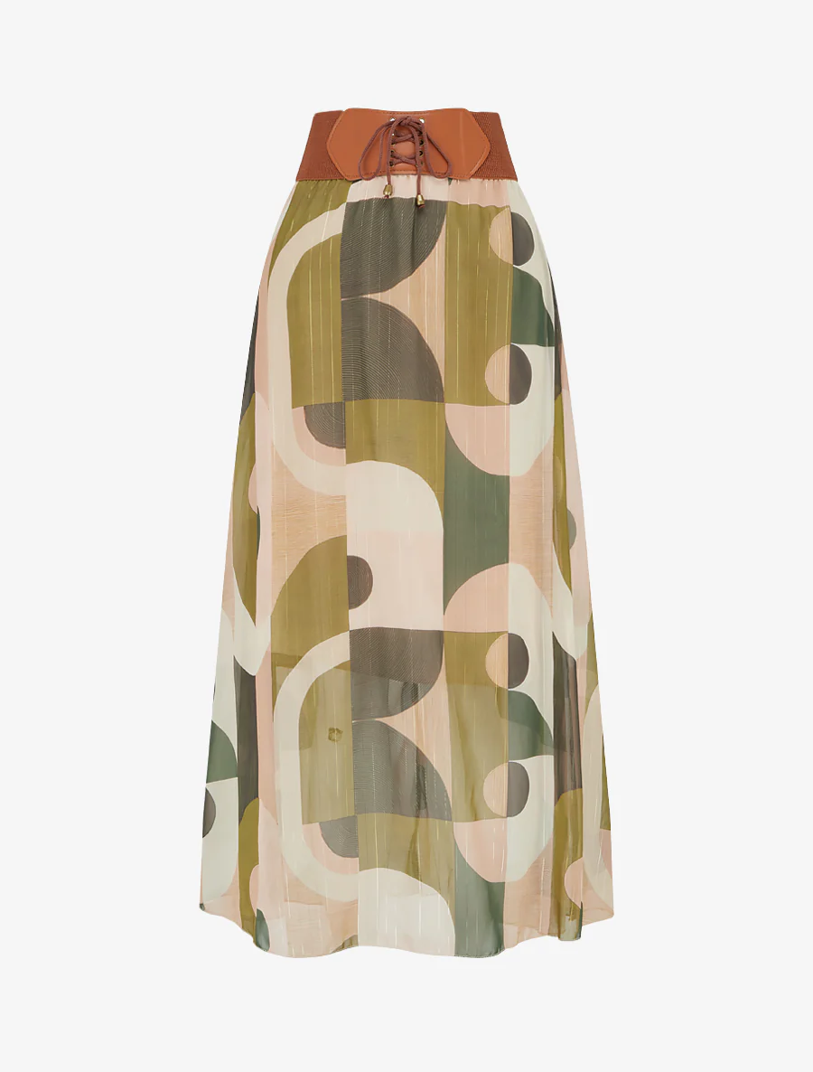 Lange rok met abstracte print - Kaki