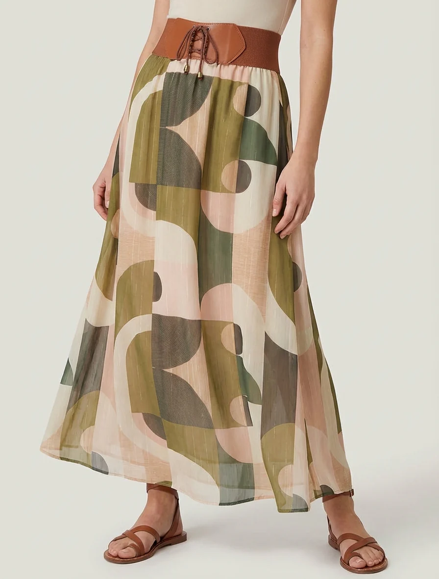 Lange rok met abstracte print - Kaki - Image 4
