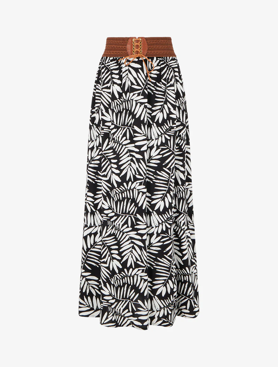 Lange rok met bladdessin en elastische tailleband - Zwart