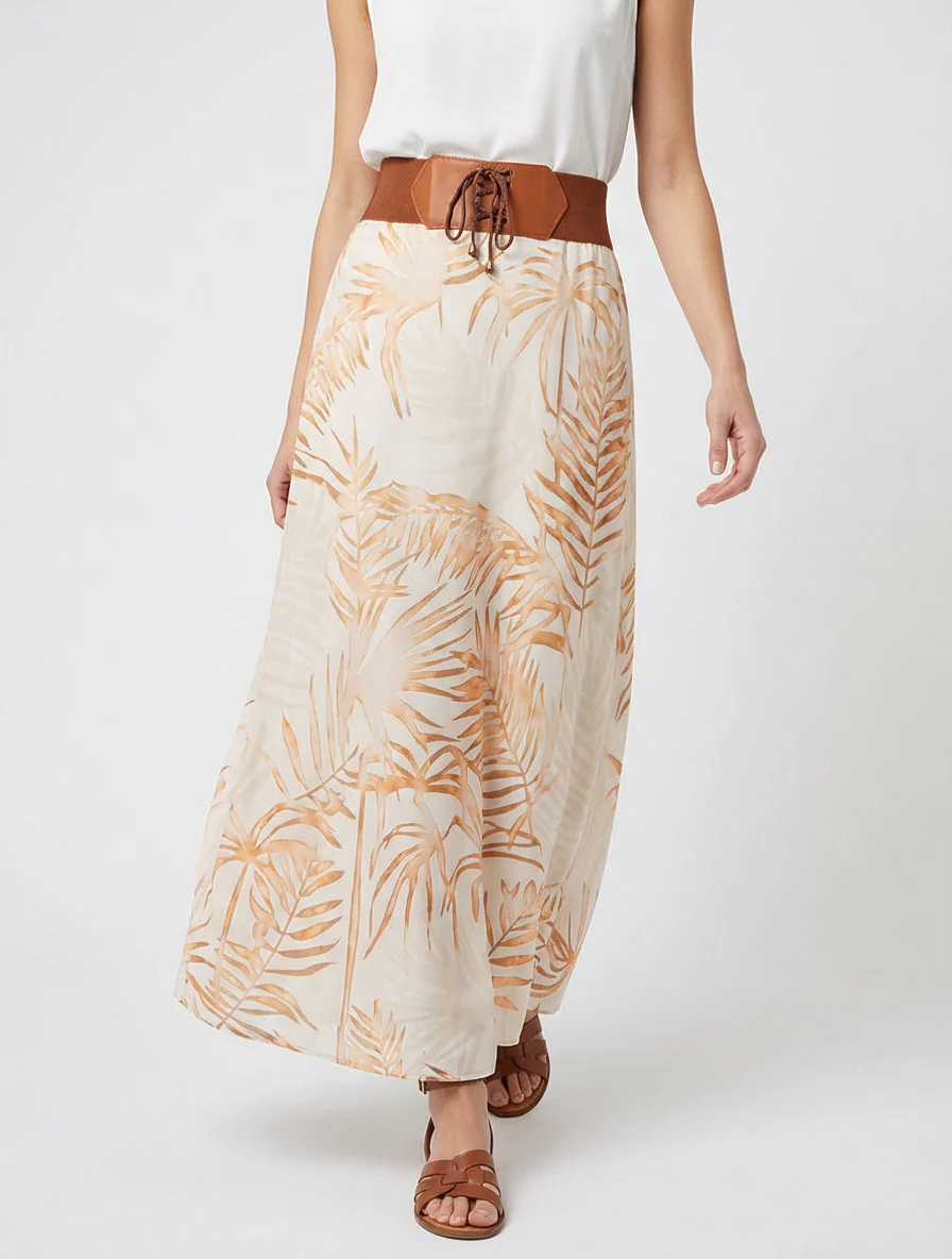 Lange rok met bladdessin - Beige - Image 4